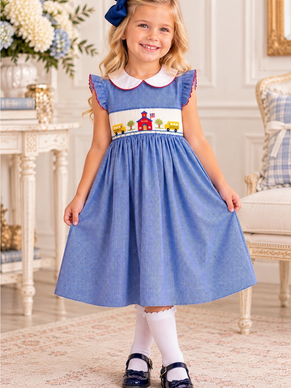 Blue Smocked School Bus Gingham Dress for Girls NWT 5 5T Ruffle Sleeves RARE HTF